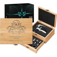 Maverton Wine Opener Set Personalised Wine Set Sommelier Set - Gift Box Wooden Box + 8 Wine Accessories Set - Made of Bamboo - Brown - Birthday Gift for Men - Professional Taster