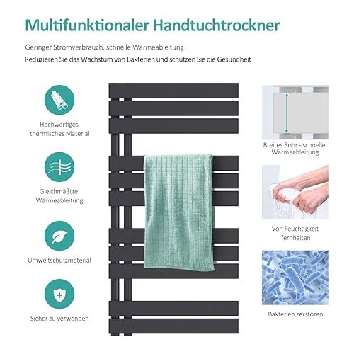  EMKE Electric Bathroom Towel Radiator with Thermostat, Electric Panel, Towel Dryer, with Heating Rod with Timer, 1599 x 600 mm, 1000 Watts, Anthracite