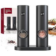 CIRCLE JOY Salt and Pepper Mills Electric Set of 2 Battery Operated Spice Mills with Base, White LED Light and Adjustable Coarseness, Black