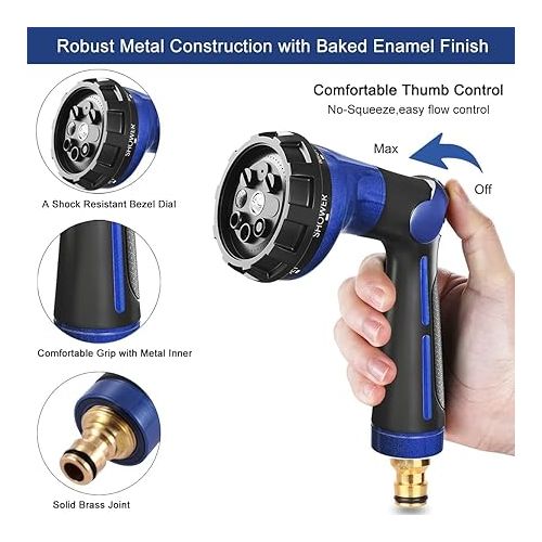  FANHAO Garden Shower, 100% Heavy Duty Metal Hand Shower, Garden Spray Guns, 8 Watering Patterns, Adjustable Water Flow for Garden Watering, Car Washing, Pet Shower, Blue