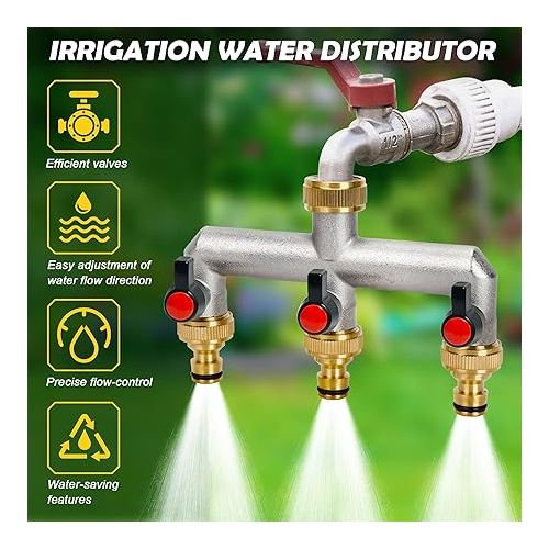  VAYALT 3-Way Distributor Water 3/4 Inch Brass Water Connection Distribution Garden Hoses with 3/4 Inch Adapter