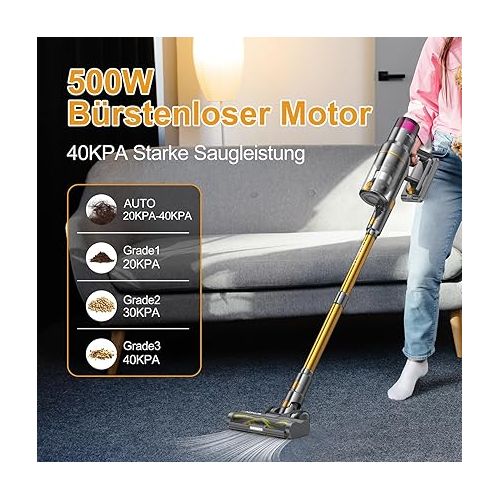  aonus A9 Battery Vacuum Cleaner with LED Display, 40000Pa 500W Vacuum Cleaner Wireless Strong Suction Power, 8-in-1 Brushless Motor up to 60 Mins, for Pet Hair, Carpet, Hard Floors Cleaning