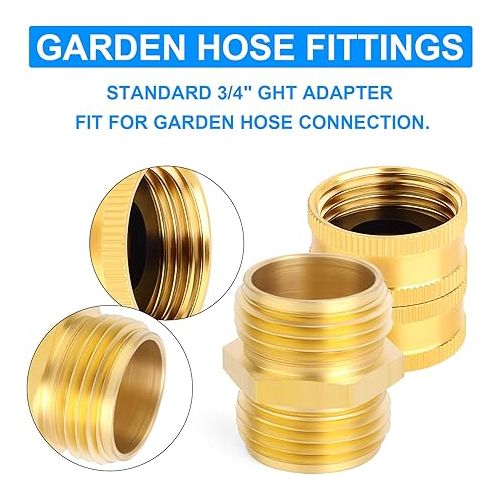  ERGAOBOY 4 Pieces 3/4 Inch GHT to 3/4 Inch GHT Thread Brass Male & Female Garden Hose Plug Set Easy Water Pipe Connect Fitting with Band and Rubbers