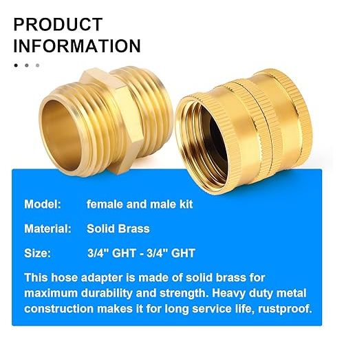  ERGAOBOY 4 Pieces 3/4 Inch GHT to 3/4 Inch GHT Thread Brass Male & Female Garden Hose Plug Set Easy Water Pipe Connect Fitting with Band and Rubbers