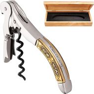 Pulltex Damasquinado Sommelier Knife in Wooden Case with Laser Engraving Double Lever Corkscrew with Faux Leather Case Goldsmith Art Handmade Metal