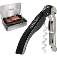 Pulltex Sommelier Set 2-Piece Left-Handed Waiter's Knife Pullparrot Black with Laser Engraving and Brown Faux Leather Case in Elegant Gift Box