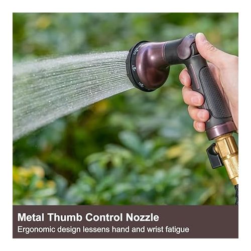  FANHAO Garden Hose Syringe 100% Metal, Garden Shower with 8 Spray Patterns, High Pressure Spray Nozzle, Thumb Control, On/Off Valve for Lawn and Plant Watering, Car and Pet Wash Bronze