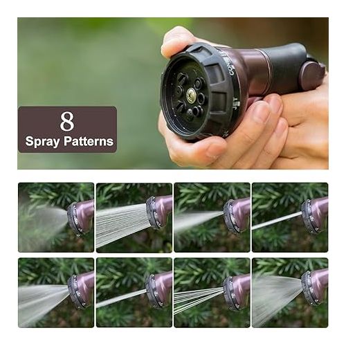  FANHAO Garden Hose Syringe 100% Metal, Garden Shower with 8 Spray Patterns, High Pressure Spray Nozzle, Thumb Control, On/Off Valve for Lawn and Plant Watering, Car and Pet Wash Bronze