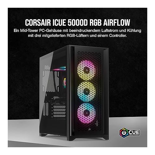  Corsair iCUE 5000D RGB Airflow Mid-Tower Case, 3 × AF120 RGB Elite Fans - iCUE Lighting Node PRO Lighting Control - High Air Flow Construction - Black