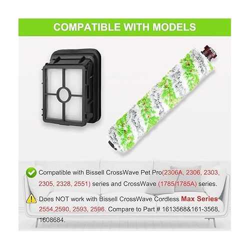  Dhoua Ersatzteile fur Bissell CrossWave Pet Pro 2306A & CrossWave 1785 Serie, 4 Stuck Multi-Surface Pet Pro Burstenrollen + 4 Pack 1866 Staubsaugerfilter, vergleichbar mit Teil 1613568 & 161-3568,