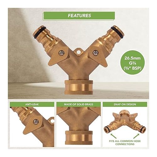  BLOSTM 2-Way Distributor Water - Brass Water Distributor 2-Way Tap Adapter Anti-Leak Garden 2-Way Distributor for Irrigation System, Hose & Garden Tools - 9.5 x 7.5 cm