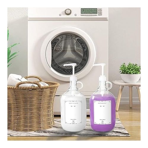  2 Pack Glass Detergent Dispenser with Pump for Laundry Room, LyTaispuly Gallon Jar for Fabric Softener Bleach Soap, Farmhouse Bottle for Laundry Kitchen Decor (64 oz with Labels, Funnel, Measuring Cup