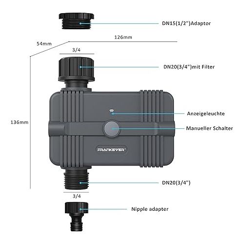  FrankEver WiFi Irrigation Computer with App Control, Smart Garden Irrigation Timer, Automatic Watering with Rain Delay, Compatible with Alex and Google Home, IP65 Waterproof, BSP 3/4 Inch DN20