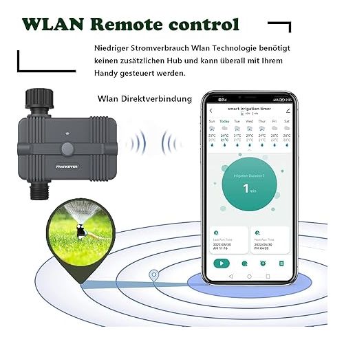  FrankEver WiFi Irrigation Computer with App Control, Smart Garden Irrigation Timer, Automatic Watering with Rain Delay, Compatible with Alex and Google Home, IP65 Waterproof, BSP 3/4 Inch DN20