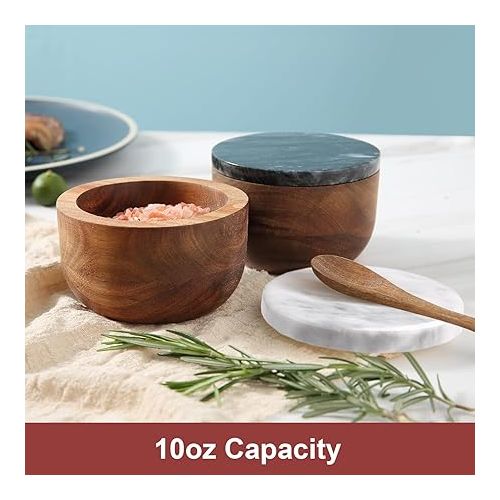  Wooden Salt Box Spice Jar Spice Container Solid Natural Acacia Base Marble Lid Elegant Design Decorative Boxes