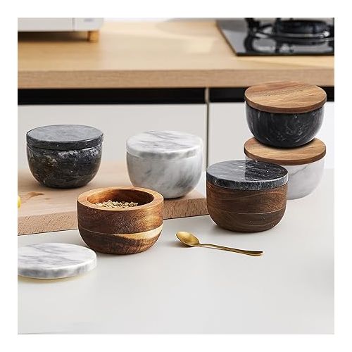  Wooden Salt Box Spice Jar Spice Container Solid Natural Acacia Base Marble Lid Elegant Design Decorative Boxes