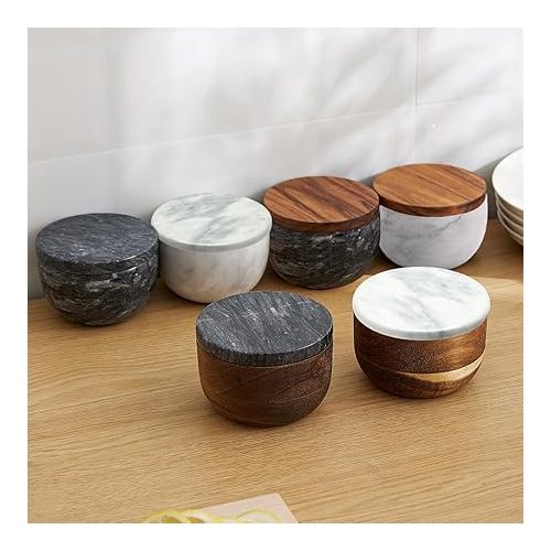  Wooden Salt Box Spice Jar Spice Container Solid Natural Acacia Base Marble Lid Elegant Design Decorative Boxes