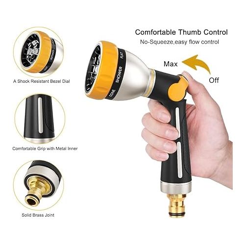  FANHAO Garden Hand Shower, 100% Heavy Duty Metal Spray Nozzle with Thumb Control, High Pressure Water Nozzle with 8 Adjustable Spray Patterns for Watering Plants, Shower Pets