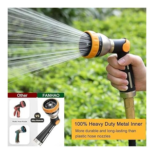  FANHAO Garden Hand Shower, 100% Heavy Duty Metal Spray Nozzle with Thumb Control, High Pressure Water Nozzle with 8 Adjustable Spray Patterns for Watering Plants, Shower Pets