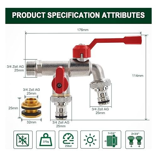  Garden Tap Double Outlet Tap 3/4 Inch with 2 x 3/4 Inch Outlets, Rain Barrel Pipe, Roller Sealing Tape, Double Connection and Hose Nozzle, Double Water Tap, Rust-Proof Brass