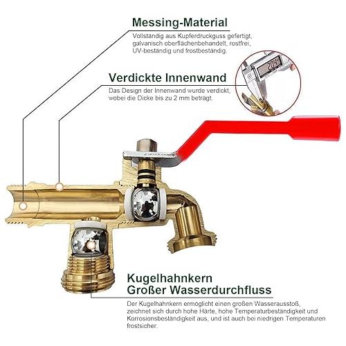  Garden Tap Double Outlet Tap 3/4 Inch with 2 x 3/4 Inch Outlets, Rain Barrel Pipe, Roller Sealing Tape, Double Connection and Hose Nozzle, Double Water Tap, Rust-Proof Brass