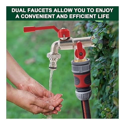  Garden Tap Double Outlet Tap 3/4 Inch with 2 x 3/4 Inch Outlets, Rain Barrel Pipe, Roller Sealing Tape, Double Connection and Hose Nozzle, Double Water Tap, Rust-Proof Brass