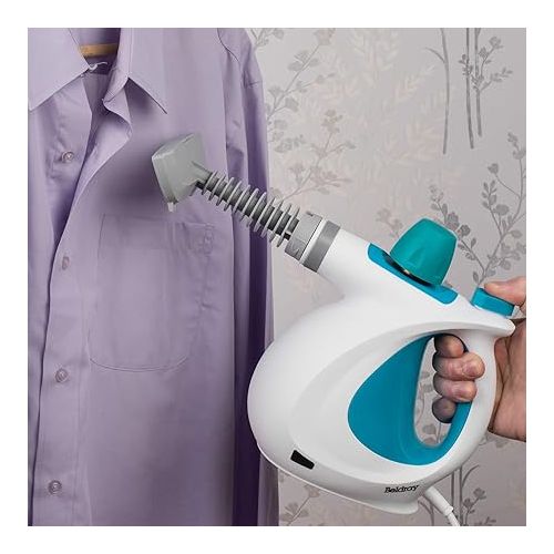  Beldray BEL0701TQN-VDE 10-in-1 Hand Upholstery Bathroom Tiles Mirror Window Handheld Steam Cleaner with European Plug, 1000W Effectively Kills Household Bacteria - Turquoise