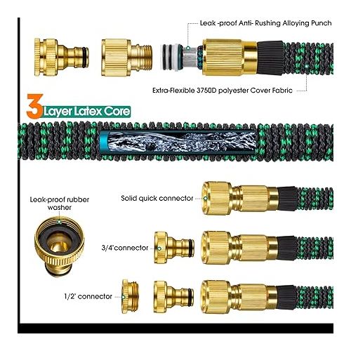  JUNEBOW Garden Hose 15 m Flexible Water Hose with 10 Function Nozzle Shower, Lightweight Flexible Hose with 3/4 Inch and 1/2 Inch Solid Brass Connections and 3-Layer Latex Core