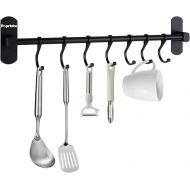 Poprkdre Kitchen Hook Rail No Drilling Self-Adhesive Kitchen Rail with 7 Hooks, Clothes Hooks No Drilling Required, 20 kg Load Capacity, Aluminium, Matte Finish, Black