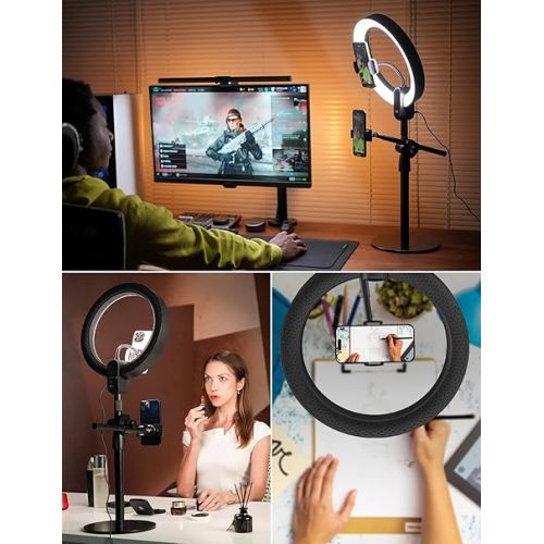  Viozon Overhead Live Stand with 12 Inch LED Ring Light, Outdoor 24 W 6500 K, Two Mobile Phone Holders Compatible with 3.5-6.7 Inch Mobile Phones, Adjustable Height and Angle, Aluminium Alloy, for