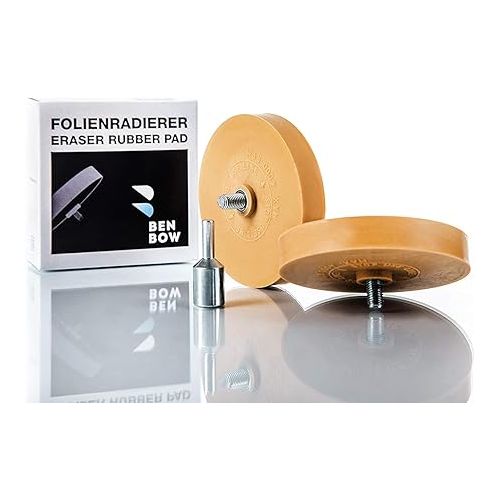  BenBow Foil Eraser Pack of 2 - Sticker Remover for Removing Foils, Vignettes, Adhesive Residue - Diameter 90 mm, Includes Adaptor for Drill