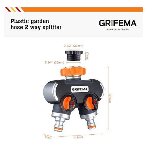  GRIFEMA 2-Way Distributor, 3/4 Inch and 1/2 Inch Water Connection Distributor, 2 Devices Can Be Connected Simultaneously, Adjustable Water Flow, Orange/Black