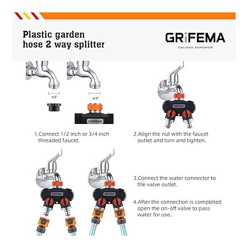  GRIFEMA 2-Way Distributor, 3/4 Inch and 1/2 Inch Water Connection Distributor, 2 Devices Can Be Connected Simultaneously, Adjustable Water Flow, Orange/Black