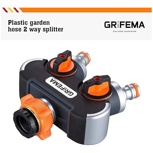 GRIFEMA 2-Way Distributor, 3/4 Inch and 1/2 Inch Water Connection Distributor, 2 Devices Can Be Connected Simultaneously, Adjustable Water Flow, Orange/Black