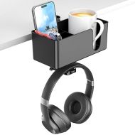 KDD 4 in 1 Drink Holder Table - Headphone Holder Under Desk - Headset Holder 360° Rotating Headphone Stand & Removable Cup Holder Pen Holder Organiser for Cup Mobile Phone Pen (Black)