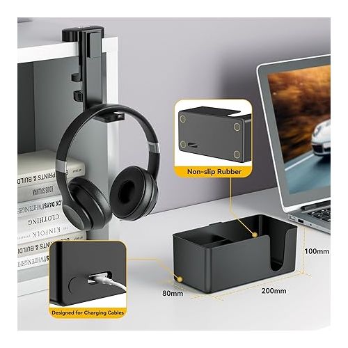  KDD 4 in 1 Drink Holder Table - Headphone Holder Under Desk - Headset Holder 360° Rotating Headphone Stand & Removable Cup Holder Pen Holder Organiser for Cup Mobile Phone Pen (Black)