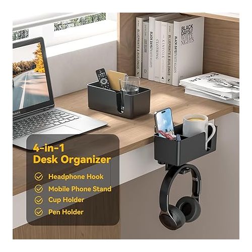  KDD 4 in 1 Drink Holder Table - Headphone Holder Under Desk - Headset Holder 360° Rotating Headphone Stand & Removable Cup Holder Pen Holder Organiser for Cup Mobile Phone Pen (Black)