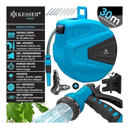  Kesser® Hose Reel 30 + 2 m Hose Reel Water Multi-Hand Shower 180 ° Swivelling Windstopper Wall Hose Box Water Hose Reel Garden Hose