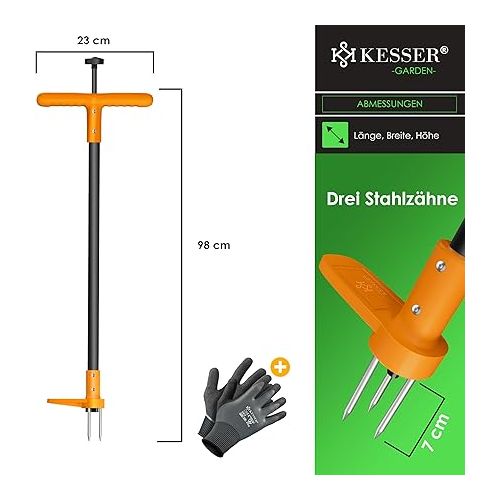  KESSER® Weed Cutter with Handle | Weed Remover with T-Handle & Foot Pedal | Garden Tool Efficient Removal of Weeds 3 Steel Teeth & Spring | Root Remover with Gloves & Protective Cap