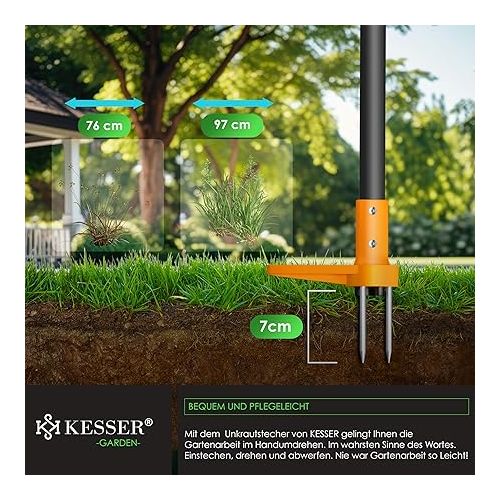  KESSER® Weed Cutter with Handle | Weed Remover with T-Handle & Foot Pedal | Garden Tool Efficient Removal of Weeds 3 Steel Teeth & Spring | Root Remover with Gloves & Protective Cap