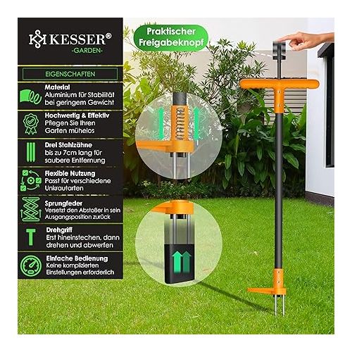  KESSER® Weed Cutter with Handle | Weed Remover with T-Handle & Foot Pedal | Garden Tool Efficient Removal of Weeds 3 Steel Teeth & Spring | Root Remover with Gloves & Protective Cap