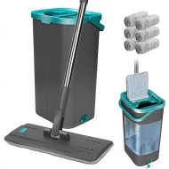 Masthome Floor Mop Set with Bucket, 140 cm Mop with Wring Function and 6 Microfibre Mop Pads, Flat Mop and Cleaning Bucket Set for Floor Cleaning Hardwood, Tiles, Laminate - Grey, Blue