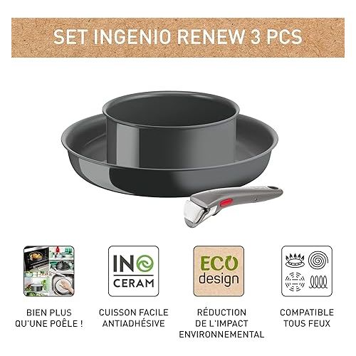  Tefal Ingenio Renew L2609302 Set of 3 Frying Pan 28 cm Pot 18 cm Handle Induction Ceramic Coating Thermal Signal Function Recycled