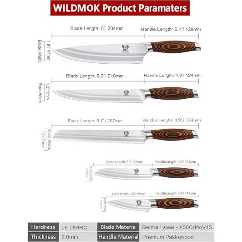  WILDMOK X50CrMoV15 German Stainless Steel Kitchen Knife, With Premium Orange Coloured Pakkawood Handle