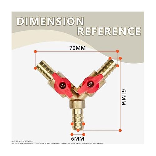  Bwintech 2 x 6 mm 3-way brass hose barb ball valve, Y shape 2 switch shut-off valve fitting with 6 pieces hose clamps