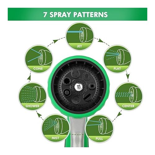  RESTMO Garden Shower, Metal High Pressure Garden Hand Shower, 7 Functions Spray Nozzle and Adjustable Water Flow, Garden Spray Gun, Irrigation Gun for Garden Watering, Car Washing, Green