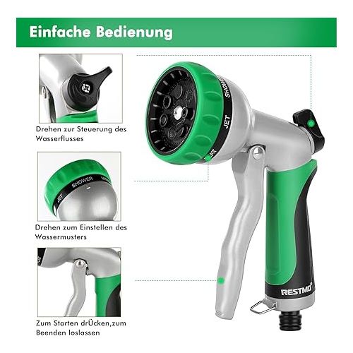  RESTMO Garden Shower, Metal High Pressure Garden Hand Shower, 7 Functions Spray Nozzle and Adjustable Water Flow, Garden Spray Gun, Irrigation Gun for Garden Watering, Car Washing, Green