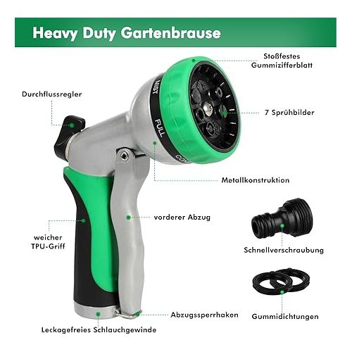  RESTMO Garden Shower, Metal High Pressure Garden Hand Shower, 7 Functions Spray Nozzle and Adjustable Water Flow, Garden Spray Gun, Irrigation Gun for Garden Watering, Car Washing, Green