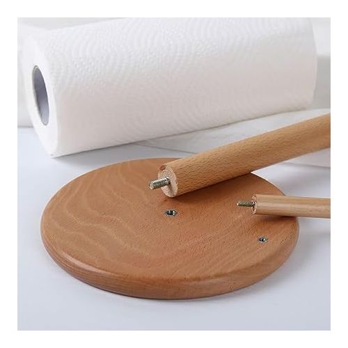  E-ROOM TREND Kitchen Roll Holder 17 cm x 32 cm with Arm Wooden Paper Towel Holder Worktop Dining Table Bathroom Roll Organiser for Kitchen Table Home Decoration Beech Natural Colours (ZJ381)