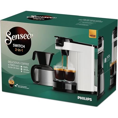  Philips Senseo Switch Coffee Machine with Coffee Pods and Filter - 2-in-1 Technology, Water Tank 1 L, 7 Cups in One Piece, Colour Titanium White (HD6592/05)